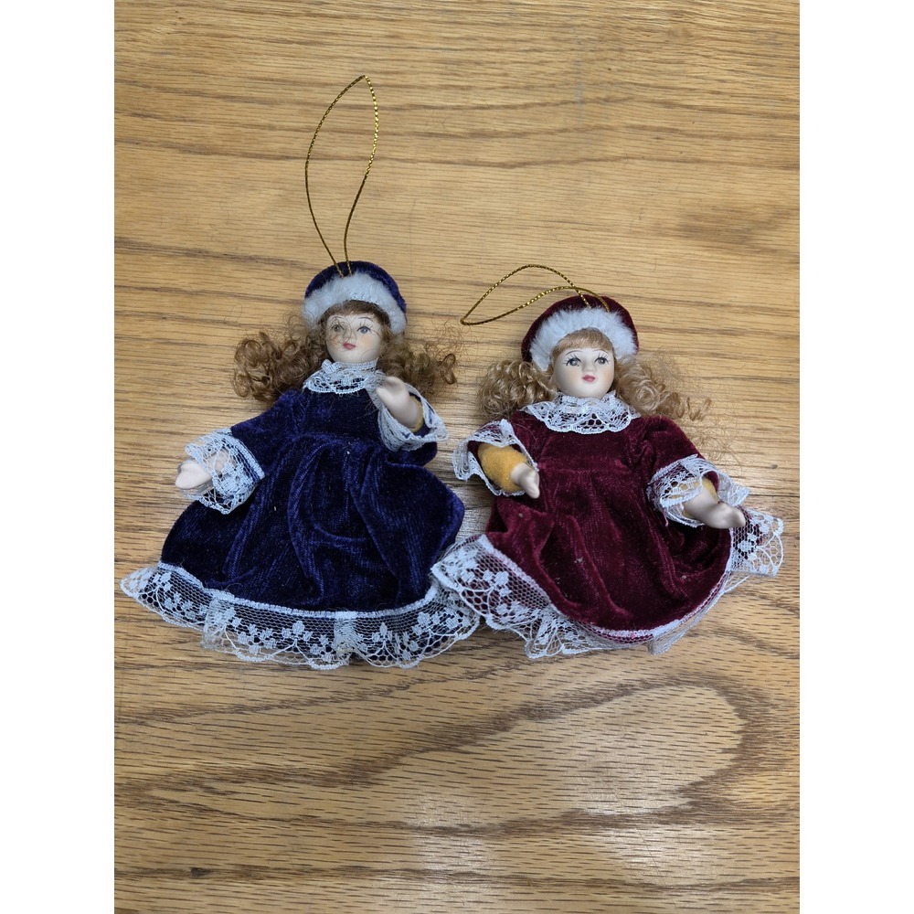 Lot Of 2 Vtg Doll Girl Christmas Tree Ornament Porcelain Red & Purple